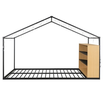 Bellemave Montessori Floor Bed with Storage Shelf and LED Lights,Metal House Kids Bed, Full Size Black