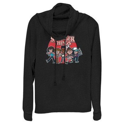 Juniors Womens Stranger Things Cartoon Gang Cowl Neck Sweatshirt