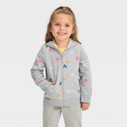 Toddler Girls' Fleece Zip-Up Hearts Sweatshirt - Cat & Jack™ Gray 2T
