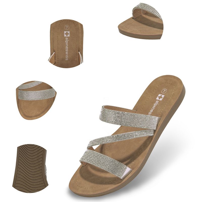 Alpine Swiss Womens Rhinestone Slide Sandals Dressy Summer Strappy Flat Shoes, 2 of 8