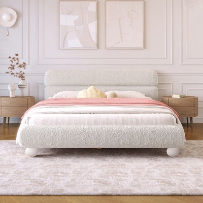 Queen Size Upholstered Platform Bed Frame with Teddy Fleece Boucle Fabric and Solid Round Legs, Stylish Curve-Shaped Design, White-ModernLuxe