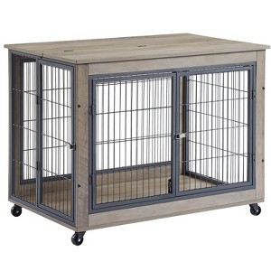 TiramisuBest Furniture Style Dog Crate Side Table on Wheels with Double Doors and Lift Top.Grey,38.58inw x 25.5ind x 27.36inh. with Grey for - 1 of 4