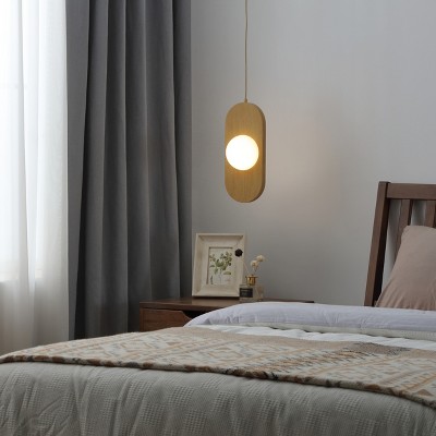 Natural Wood and Frosted Glass LED Pendant Light, 14" x 6"