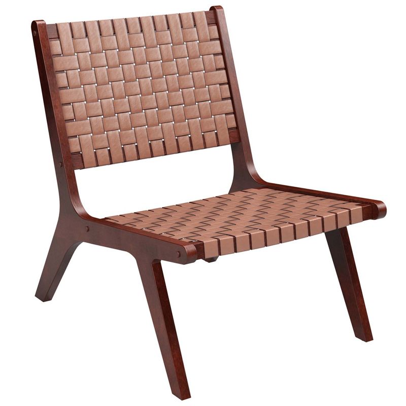 Costway Woven Leather Accent Chair Mid Century Rubber Wood Armless Side Chair, 1 of 10