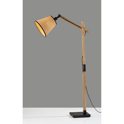 Adjustable Black Metal and Natural Wood Floor Lamp