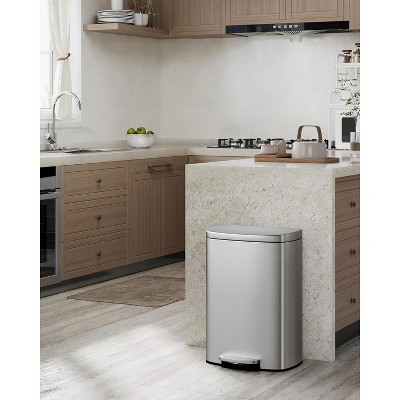13 Gallon / 50 Liter Step-On Stainless Steel Trash Can with Soft-Close Lid, Slim Garbage Bin with Inner Bucket for Bathroom or Bedroom, Silver
