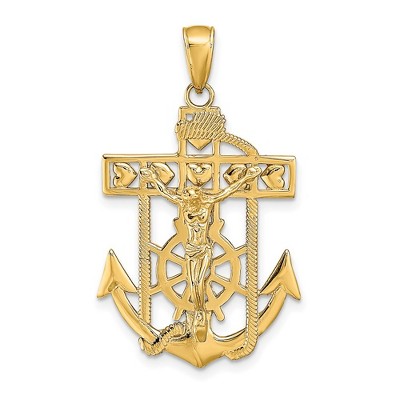 Black Bow Jewelry 14k Yellow or Two-Tone Gold Textured Mariner Crucifix Pendant, 22x35mm
