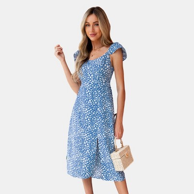 Women's Blue Ditsy Floral Flutter Sleeve Midi Dress - Cupshe