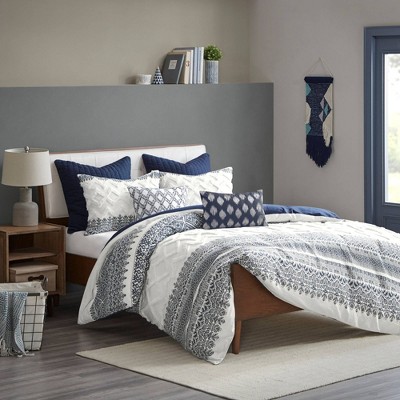 Full/Queen Navy Cotton Duvet Cover Set with Chenille Tufting
