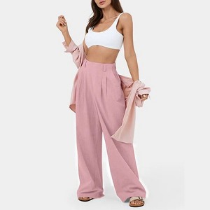 Coolmee Women Casual High Waisted Straight-Leg Cotton Wide Leg Pants Flowy Business Work Loose Pants With Pockets - 1 of 4