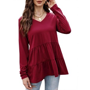 Womens Tops Long Sleeve Gatherting Hemline V Neck Tops Womens T Shirts for Spring - 1 of 4