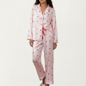 Anna-Kaci Lounge Women's Satin Long Sleeve Pajama Set with Mini Bow Print Button-Up Top and Chest Pocket - 1 of 4