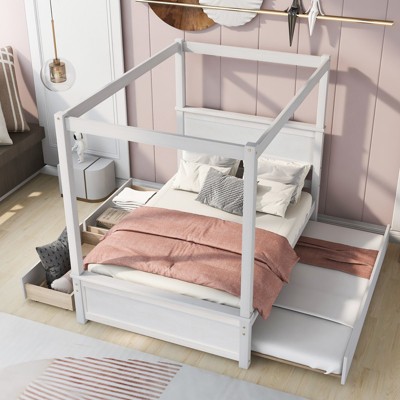 YOOCOZZ Full Size Wooden Canopy Bed with Trundle Bed and 2 Storage Drawers - White