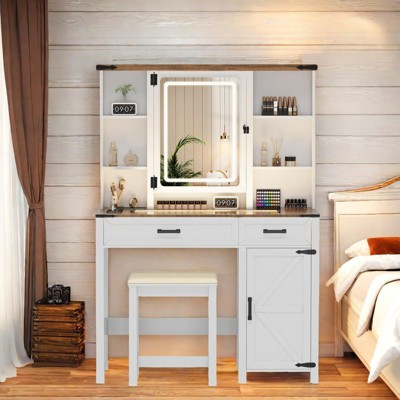 Sevobal Vanity Tables Farmhouse Makeup Vanity, Vanity Desk with Glass Tabletop & 3 in 1 Charging Station 40'' Vanity Set, White, 15.75''*56''*39
