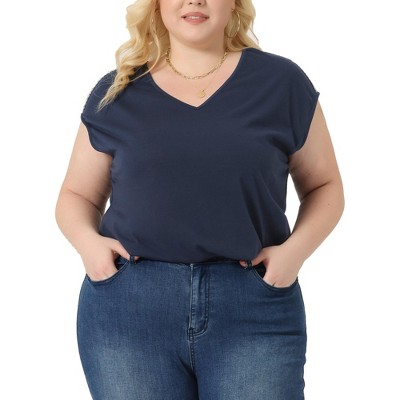 Agnes Orinda Women's Plus Size V Neck Cap Sleeves Sequin-Panel-Shoulder Tank Top