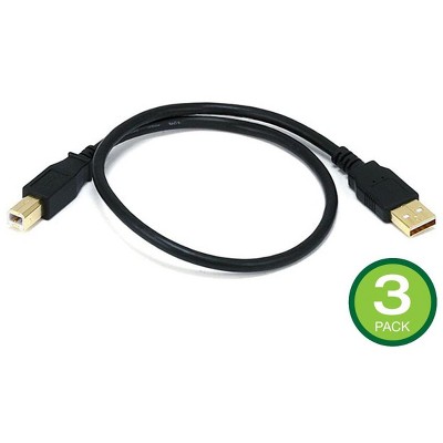 Monoprice USB Type-A to USB Type-B 2.0 Cable - 1.5 Feet - Black (3 Pack) 28/24AWG, Gold Plated Connectors, For Printers, Scanners, and other