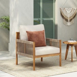 Christopher Knight Home Ivonne Patio Rustic Rope Weave Acacia Wood Upholstered Club Chair, Teak - 1 of 4