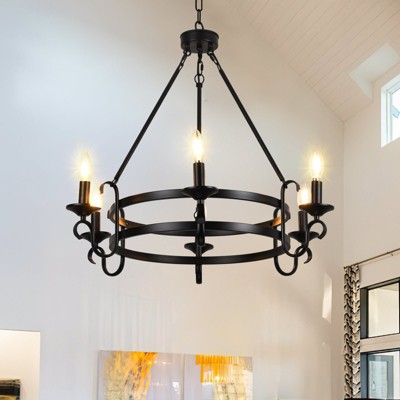 PAKOKULA 6-Light Black Vintage Candle Style Wagon Wheel Chandelier