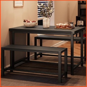 3 Piece Dining Table Set for 4 with Space-Saving Benches, Tabletop, Steel Frame, Modern Farmhouse Kitchen Table - 1 of 4