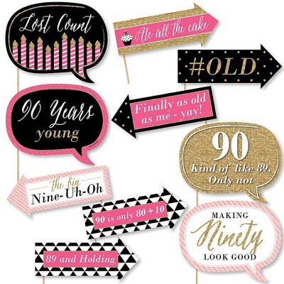 Big Dot of Happiness Funny Chic 90th Birthday - Pink, Black and Gold - Birthday Party Photo Booth Props Kit - 10 Piece