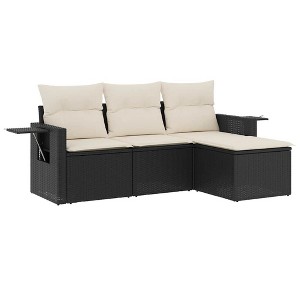 vidaXL 4 Piece Patio Sofa Set with Cushions Black Poly Rattan - Black and Cream - 1 of 4