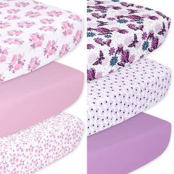 The Peanutshell Pink Floral and Purple Butterfly Fitted Crib Sheets for Girls, 6-Pack Set | Pink, Purple