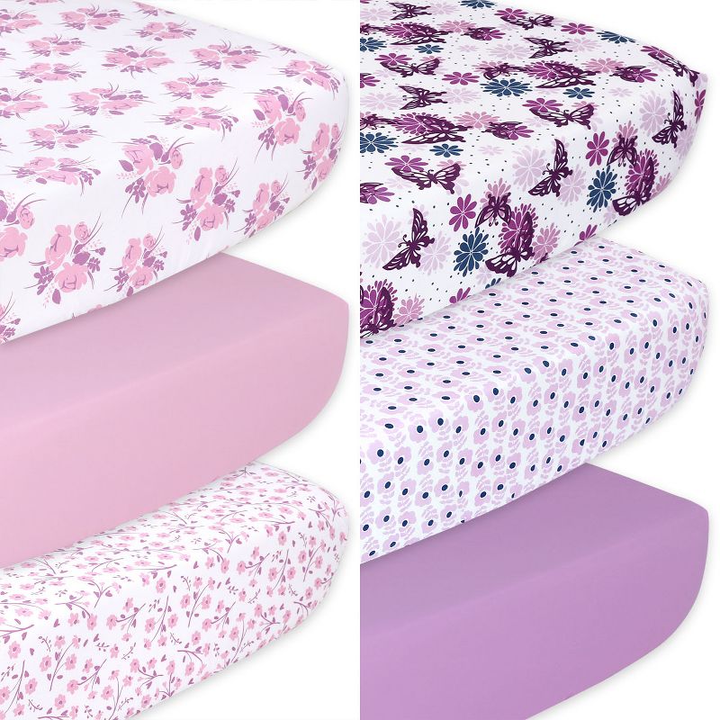 The Peanutshell Pink Floral and Purple Butterfly Fitted Crib Sheets for Girls, 6-Pack Set | Pink, Purple, 1 of 13