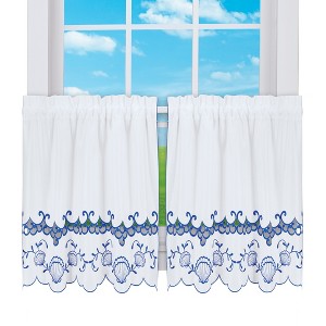 Collections Etc Embroidered Seashells Scalloped Edge Tiered Café Kitchen Curtains - 1 of 3