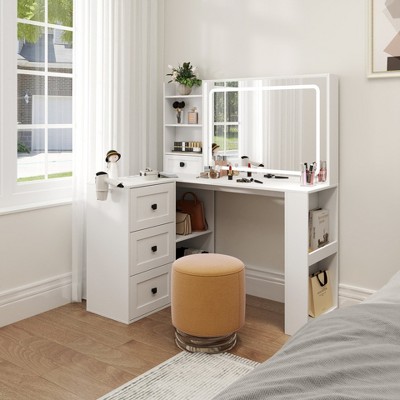HDZNVF Makeup Vanity with Power Strip, Dressing Table Set with 3 Large Drawers, White