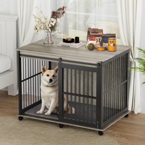 LAOTIES 43" Furniture Style Dog Crate,Indoor Wooden Dog Kennel End Table with Sliding Iron Door And Soft Cushion - 1 of 4