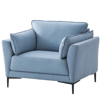 Light Blue Leather and Black Wood Accent Chair