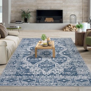 Vintage Rug Irregular Medallion Area Rug Ultra-Thin Non Slip Floral Print Indoor Mat for Living Room Dining Room Bedroom Farmhouse - 1 of 4