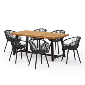 Christopher Knight Home Marley 7 Pieces Patio Modern Acacia Wood and Polypropylene Dining Set, Teak/Black - 1 of 4