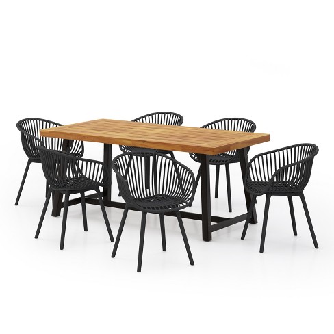 Christopher Knight Home Marley 7 Pieces Patio Modern Acacia Wood and Polypropylene Dining Set, Teak/Black - image 1 of 4