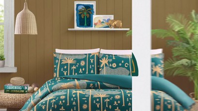 Teal and Gold Cotton Queen Bohemian Duvet Cover Set