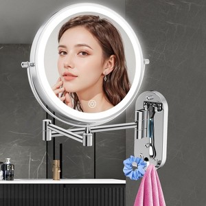 FUNTOUCH Wall Mounted Makeup Mirror, Rechargeable 2-Sided,1X/10X Magnification 3 Color LEDs,Dimmable 360° Rotation with Extension Arm/Hooks - 1 of 4
