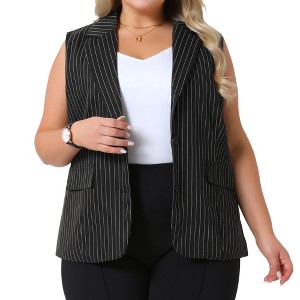 Agnes Orinda Women's Plus Size Sleeveless Lapel V-Neck Striped Outerwear Suit Blazer Vests - 1 of 4