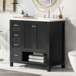 MAYEERTY 36" Bathroom Vanity with Sink Top 2 Doors 2 Drawers Solid Wood Open Shelf MDF Black - 1 of 4