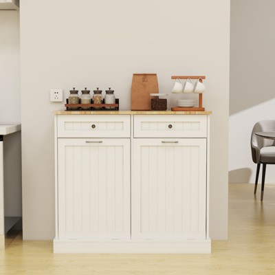 Vynxaria Two Drawers and Two-Compartment Tilt-Out Trash Cabinet Kitchen Trash Cabinet-White