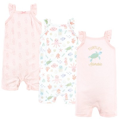 Image of Hudson Baby Infant Girl Cotton Rompers, Turtley Adorable, 9-12 Months