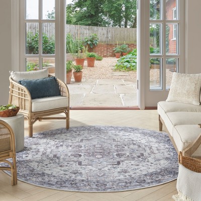 Ivory Beige Round Cotton Chenille Floral Rug, 7'10"