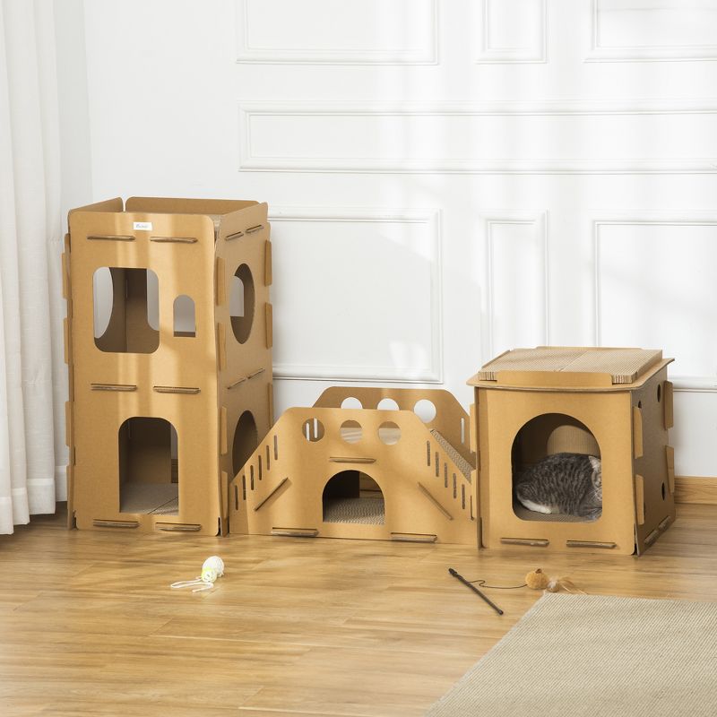 PawHut Cardboard Cat House DIY Cat Tree with Condos, Scratching Pad Board Hideaway Toy Pet Furniture, Brown, 3 of 7