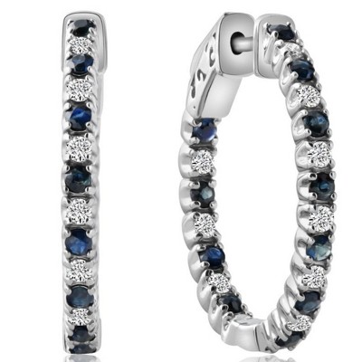 Pompeii3 1.25Ct Diamond & Blue Sapphire Inside Outside Hoops 14k White Gold Lab Created