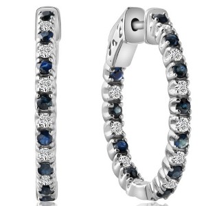 Pompeii3 1.25Ct Diamond & Blue Sapphire Inside Outside Hoops 14k White Gold Lab Created - 1 of 2