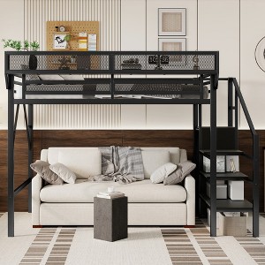 Racxily Twin XL Size Loft Bed with Stairs, Metal Full Loft Bed with Storage Shelves, High Loft Bed with Wardrobe for Kids Teens - 1 of 4