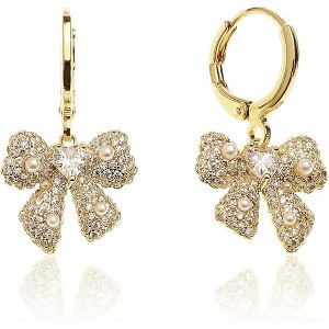 Gold Bow Dangle Hoop Earrings for Women - Cute Sparkly Cubic Zirconia Rhinestone Ribbon Drop Small Circle Huggie Cartilage Daily Jewelry Gift - 1 of 4