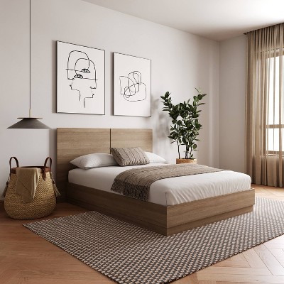 Queen Oak Wood Frame Upholstered Platform Bed with Headboard