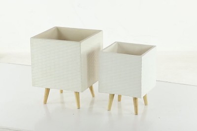 Modern White Textured Square Fiber Clay Planter Set