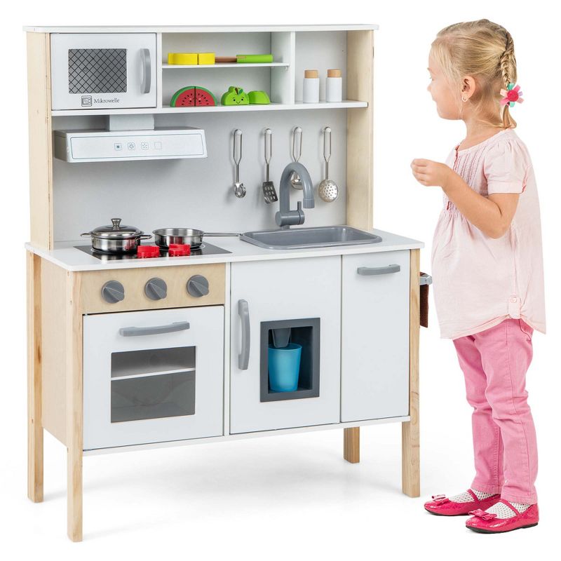 Costway Kids Kitchen Playset Wooden Pretend Play Chef Toy w/ Microwave & Accessories, 3 of 11