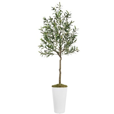Core Electro 5-7ft Artificial Olive Tree with White Planter Realistic Faux Olive Trees with Realistics Moss Indoor Outdoor Decor